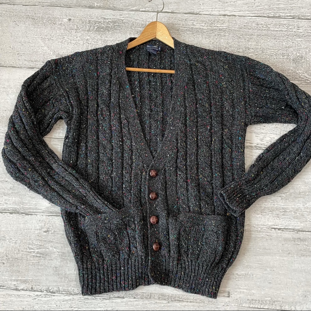 Vintage Cardigan Grandpa Sweater Sz Medium Long Arms Wool Blend Pockets Leather